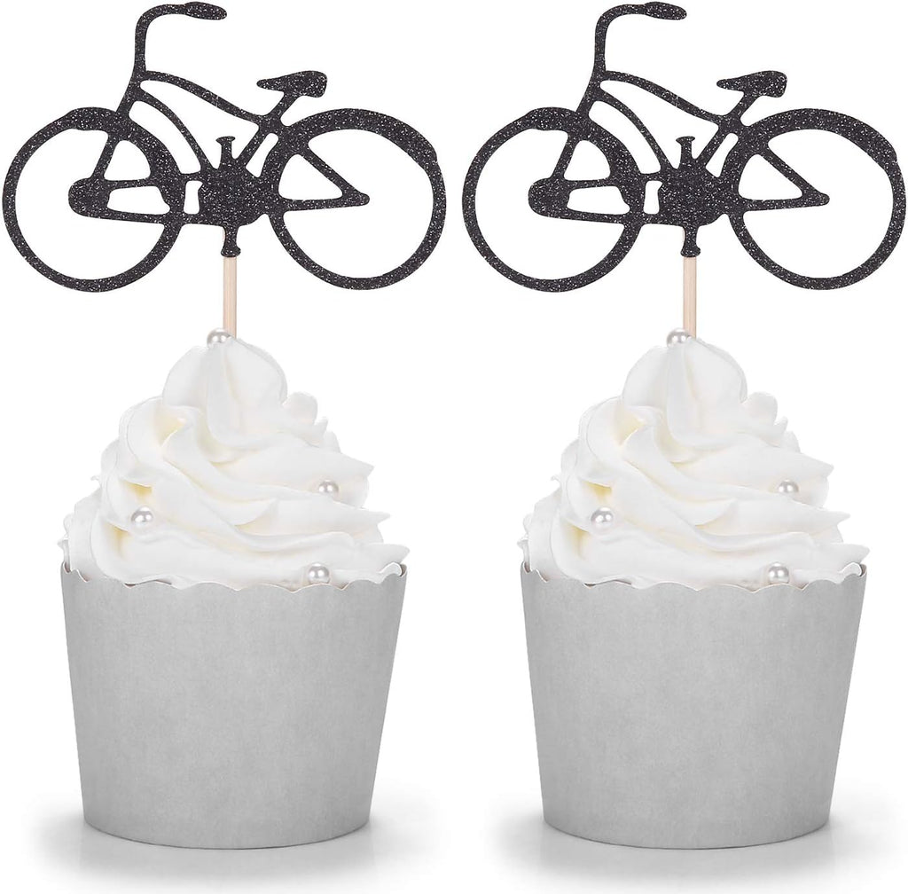 24 Black Glitter Bike Cupcake Toppers Cycling Theme Party Kid's Birthday Decorations