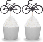 24 Black Glitter Bike Cupcake Toppers Cycling Theme Party Kid's Birthday Decorations