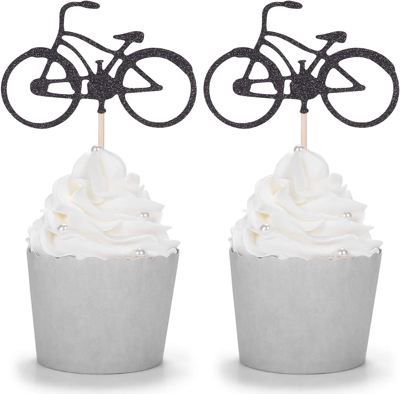 24 Black Glitter Bike Cupcake Toppers Cycling Theme Party Kid's Birthday Decorations