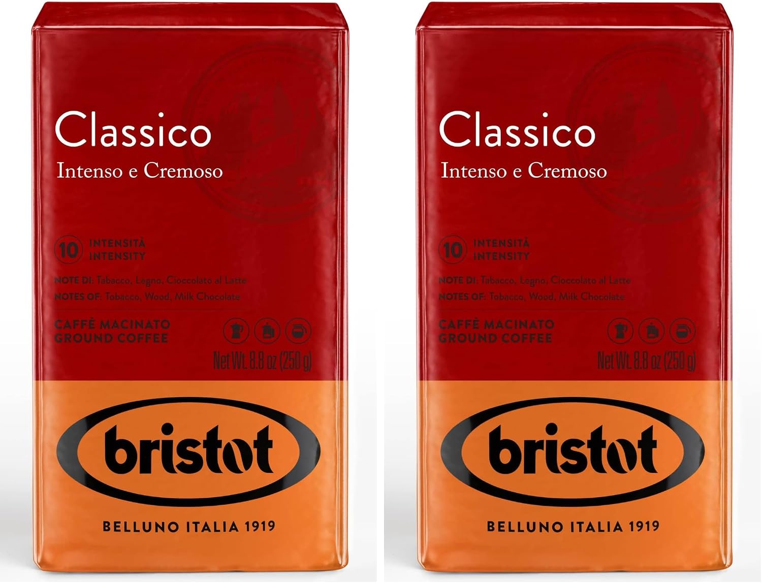 Bristot Classico Ground Espresso – Intense & Creamy Medium Roast Italian Coffee – For Moka, French Press & Pour Over – 8.8 oz (250g) (Pack of 2)