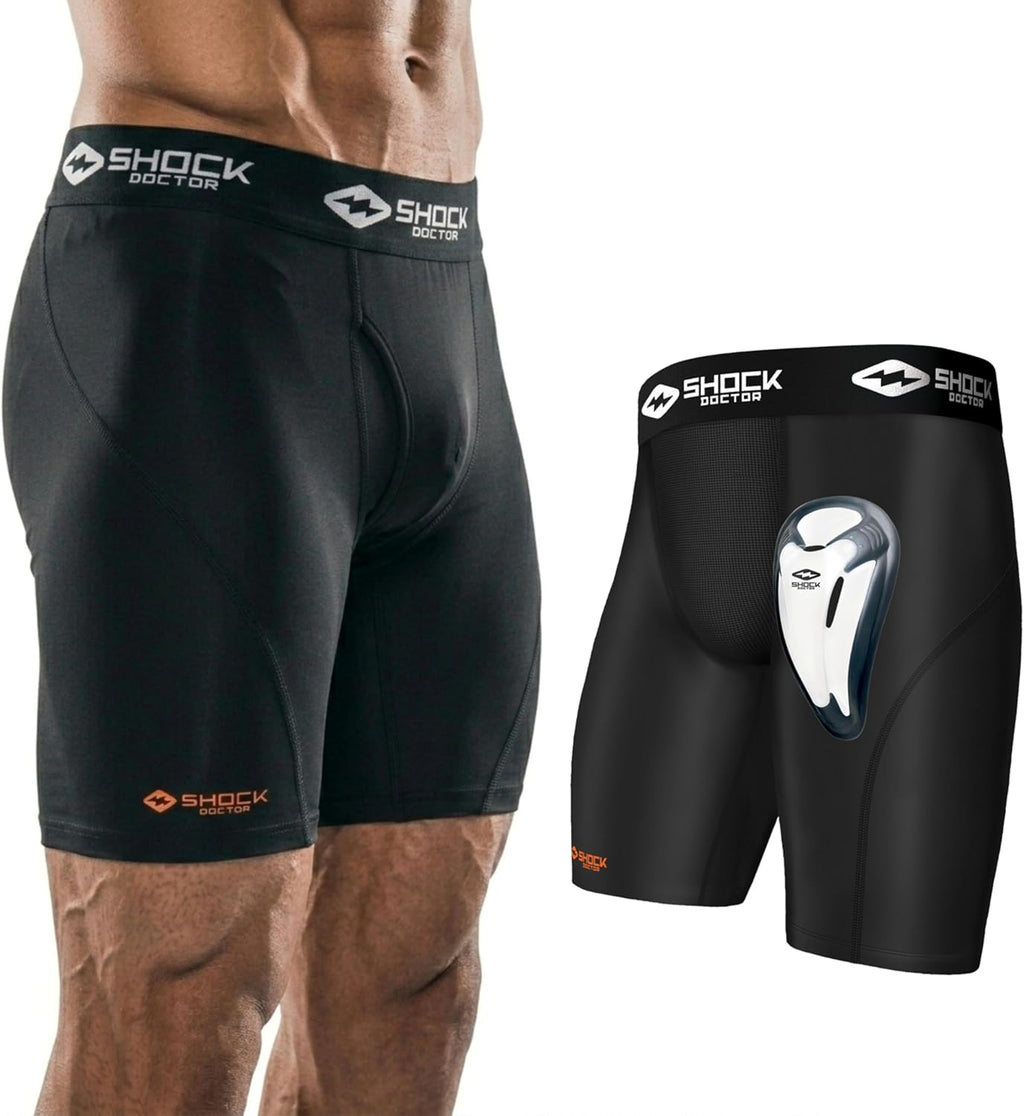 Shock Doctor Compression Shorts with Protective Bio-Flex Cup, Moisture Wicking Vented Protection - Adult