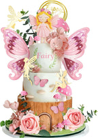 Fairy Cake Toppers Pink Mushroom Flowers Butterfly Cake Decorations for Fairy Spring Garden Birthday Supplies