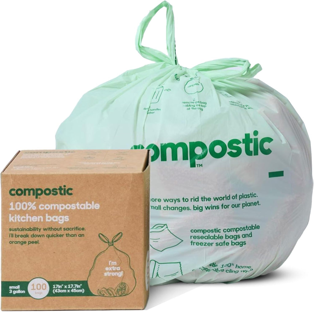 Compostic Home Compostable Trash Bags, 2.99 Gallon Small Kitchen Rubbish Bags, Extra Strong & Quickly Breaks Down, 100 Count