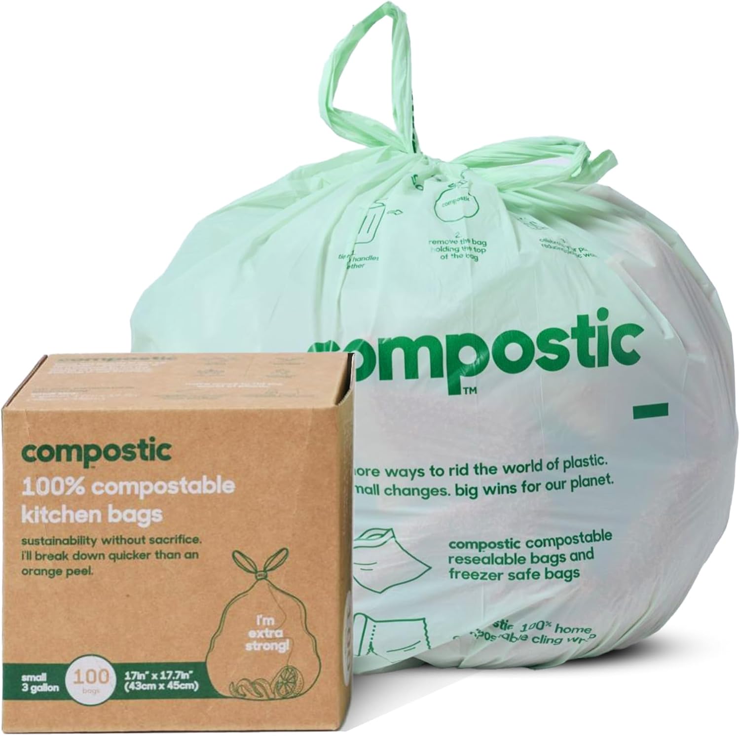 Compostic Home Compostable Trash Bags, 2.99 Gallon Small Kitchen Rubbish Bags, Extra Strong & Quickly Breaks Down, 100 Count