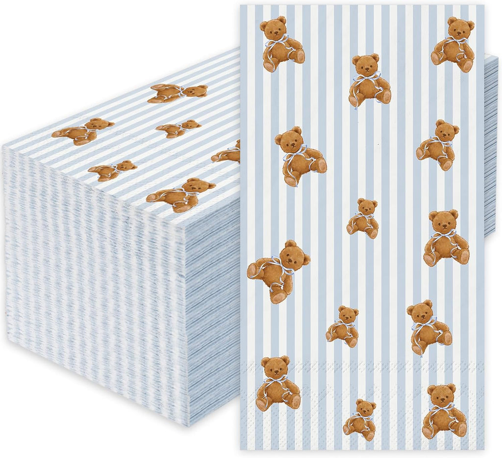 JarThenaAMCS 50Pcs Bear Guest Napkin Disposable Paper Napkins Blue Stripe Bow Brown Bear Dinner Hand Napkins for Birthday Baby Shower Party Supplies Table Decor