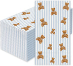 JarThenaAMCS 50Pcs Bear Guest Napkin Disposable Paper Napkins Blue Stripe Bow Brown Bear Dinner Hand Napkins for Birthday Baby Shower Party Supplies Table Decor