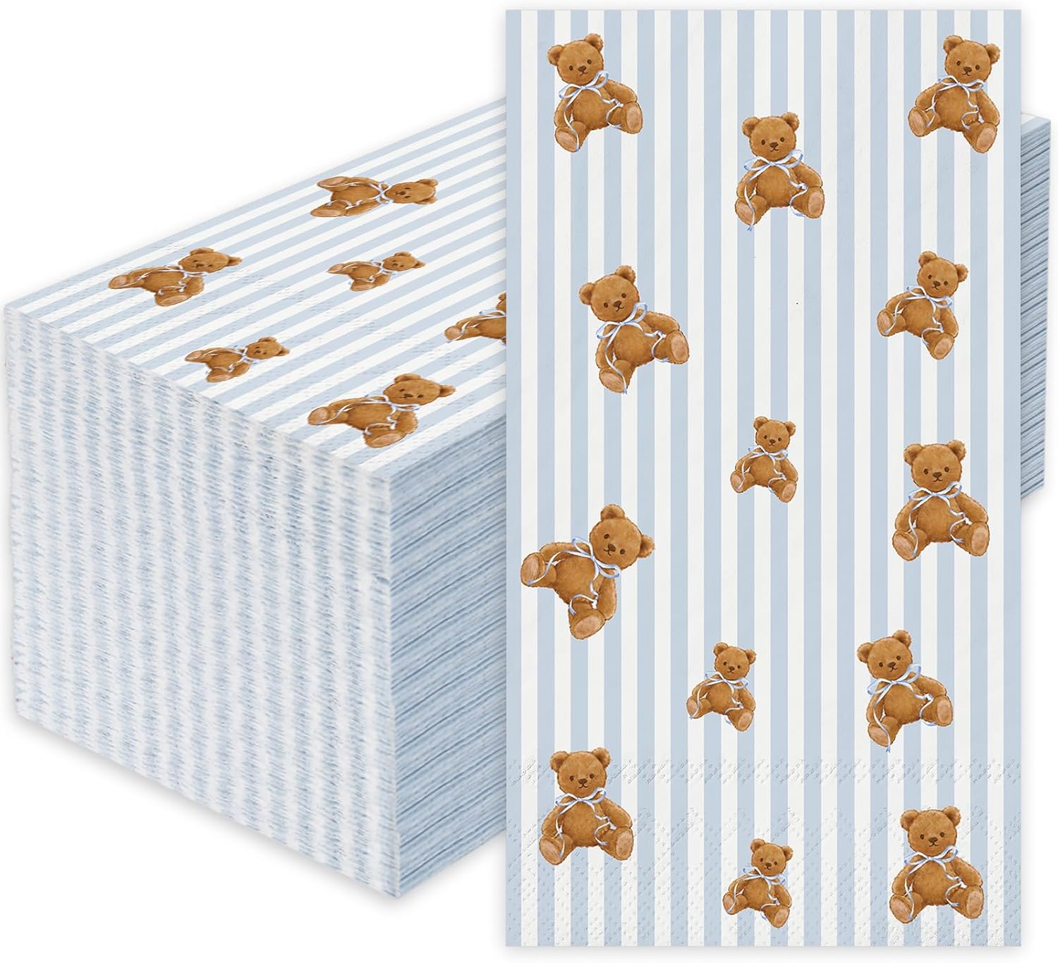 JarThenaAMCS 50Pcs Bear Guest Napkin Disposable Paper Napkins Blue Stripe Bow Brown Bear Dinner Hand Napkins for Birthday Baby Shower Party Supplies Table Decor