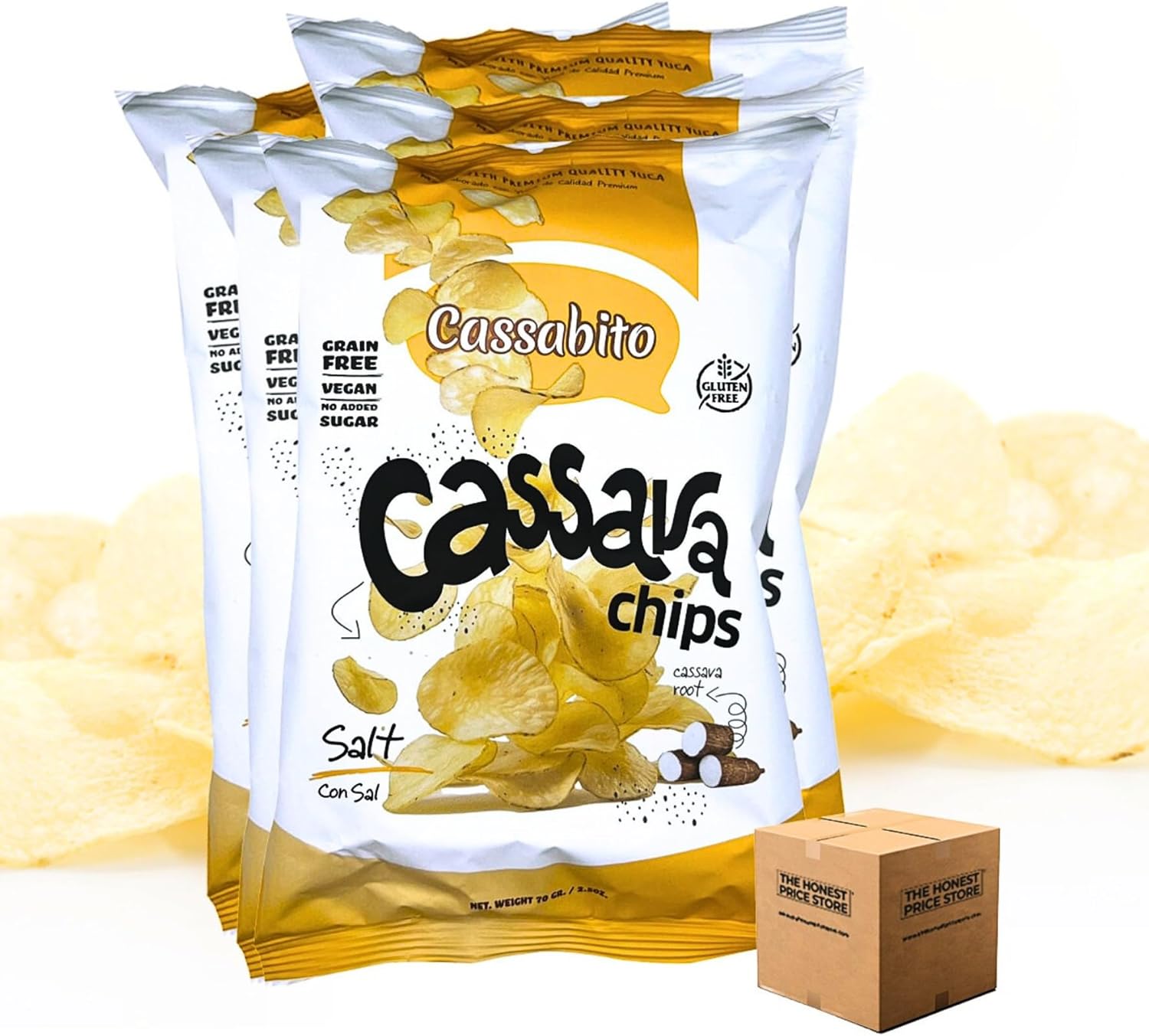 Cassava Chips with Sea Salted, Crunchy Yuca Snack - 5 Pack Gluten Free Chips, Non-GMO, Vegan - Made from Fresh Selected Cassava, Traditional Latin American Flavour, Servings Pack of 2.5oz