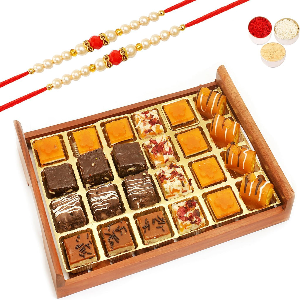 Ghasitaram Gifts Rakhi Gifts for Brothers Rakhi Sweets - Wooden Mango Delight and Rakhi Special Sweets Serving Tray with 2 Beads Rakhi
