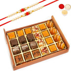 Ghasitaram Gifts Rakhi Gifts for Brothers Rakhi Sweets - Wooden Mango Delight and Rakhi Special Sweets Serving Tray with 2 Beads Rakhi