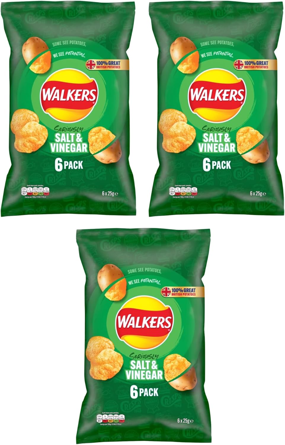 Walkers Salt and Vinegar Flavored Potato Crisps, 6 Pack, 25g Each (Pack Of 3)
