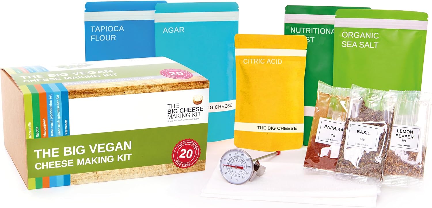 The Big Vegan Cheese Making Kit - DIY Vegan Cheese Starter I Cheese Making Supplies for Mozzarella, Ricotta, Feta I Cheese Maker I Perfect Food Gift I 6 Different Dairy-Free Cheeses I 20 Batches