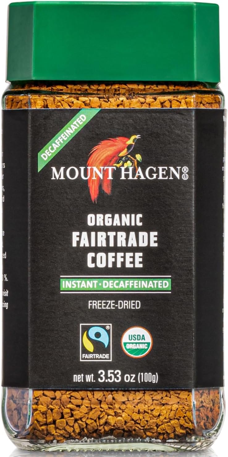 Mount Hagen 3.53oz Organic Freeze Dried Instant Decaf Coffee | Eco-friendly, Fair-Trade Decaffeinated Coffee Made From Organic Medium Roast Arabica Beans [3.53oz Jar]