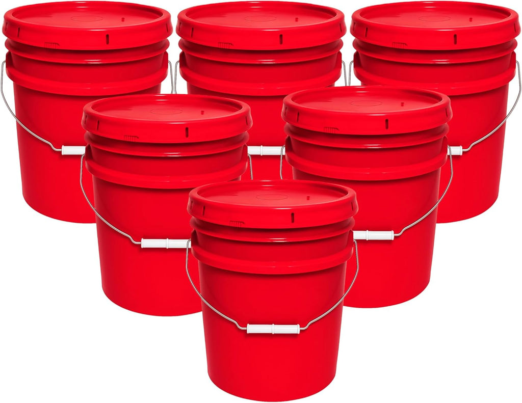 MKS Plastics 5-Gallon Bucket with Airtight Lid – Made in USA, Food Grade BPA Free Plastic, Heavy Duty Multi-Use, Metal Handle with Grip, Stackable Storage – Red, 6 Pack