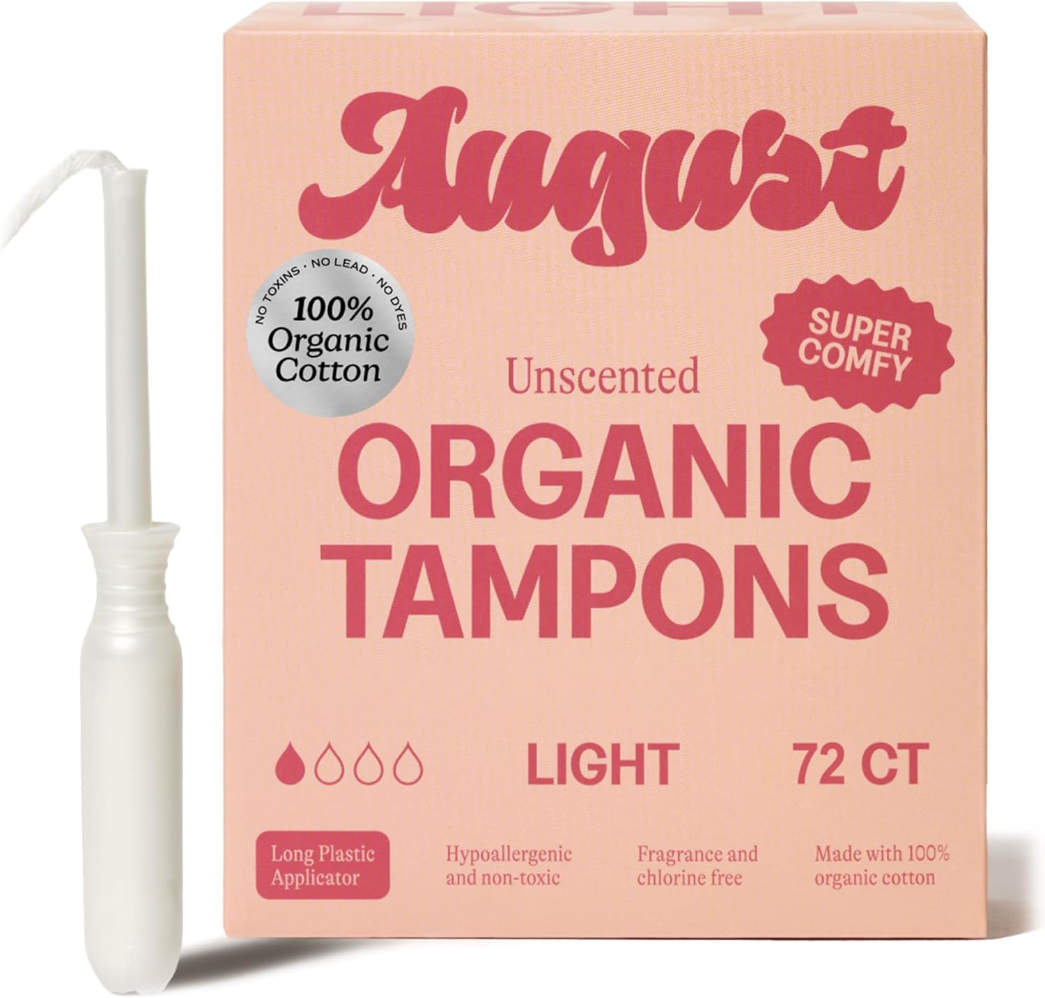 August Light Tampons - 72-Pack 100% Organic Cotton Tampons for Women and Anyone Who Menstruates, Non-Toxic, Fragrance-Free, and Hypoallergenic with Long Applicators (3 Boxes of 24)