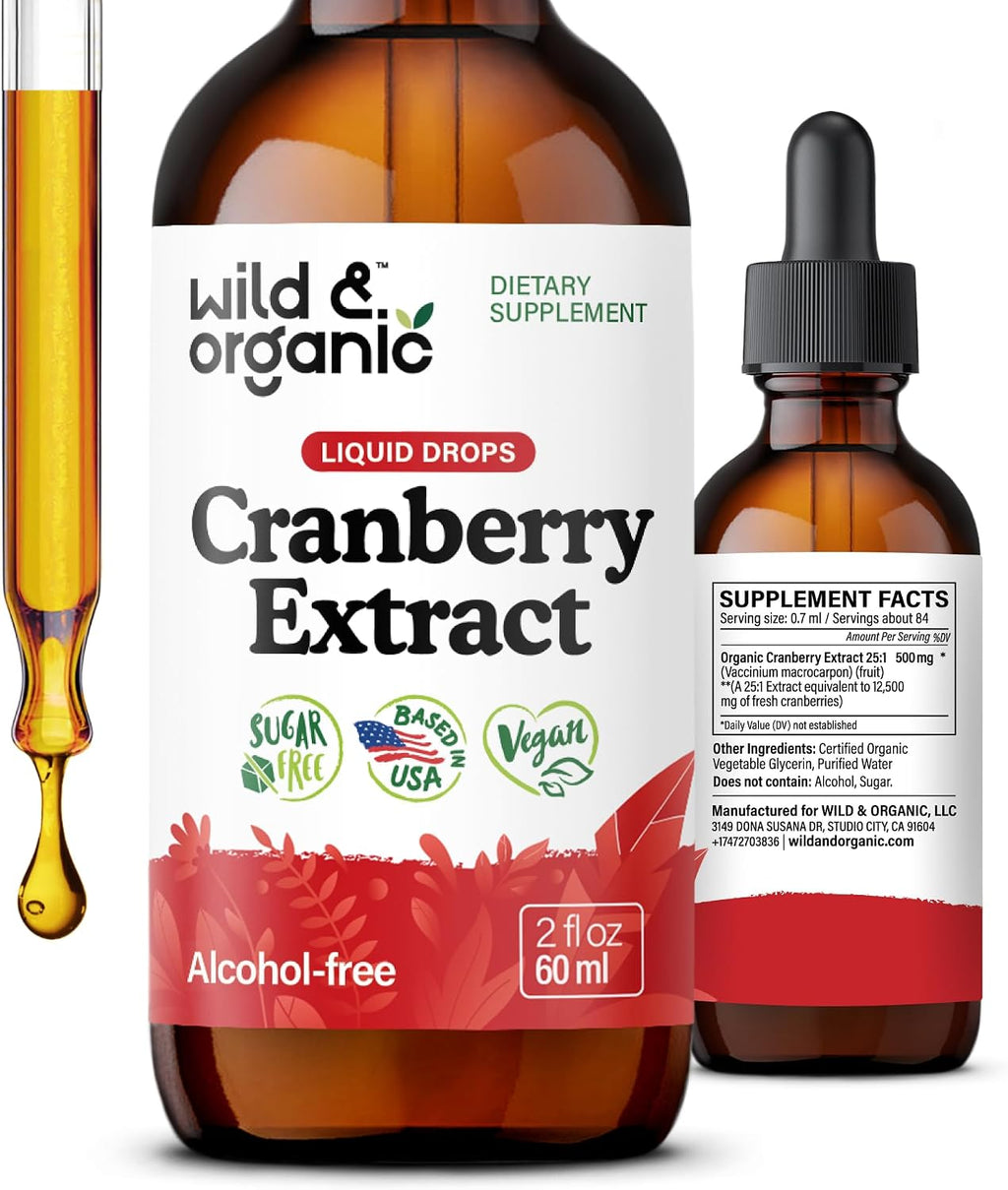 Wild & Organic Cranberry Supplement Drops - Urinary Tract Support for Women & Men - Pure Cranberry Extract Liquid Supplement - Vegan, Sugar & Alcohol-Free Tincture - 2 fl oz
