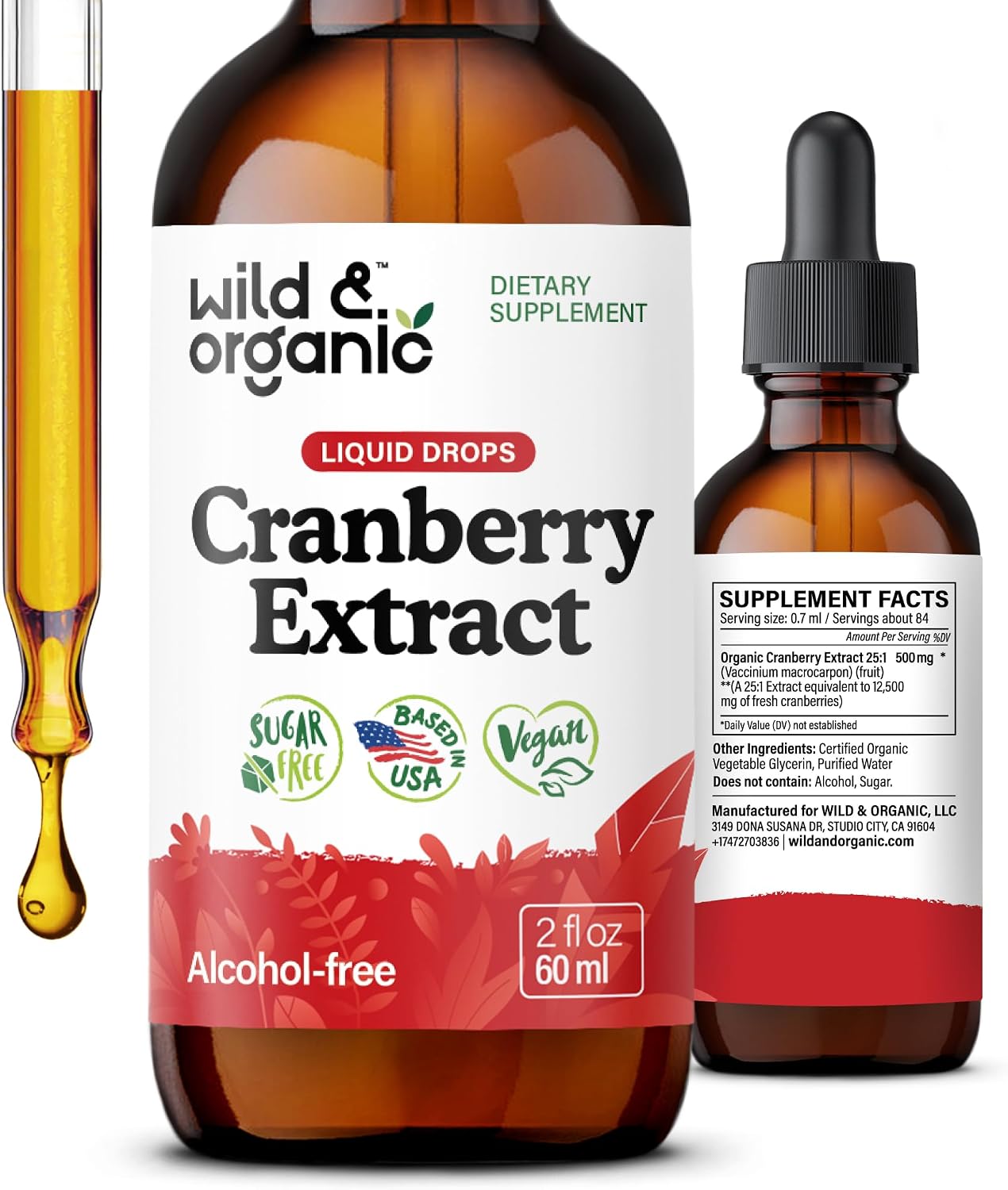 Wild & Organic Cranberry Supplement Drops - Urinary Tract Support for Women & Men - Pure Cranberry Extract Liquid Supplement - Vegan, Sugar & Alcohol-Free Tincture - 2 fl oz