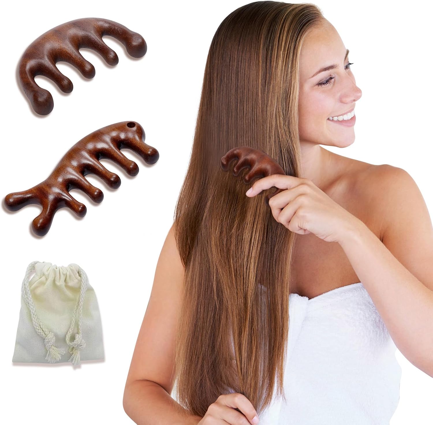 2 Pack Wooden Scalp Massage Comb, Sandalwood Scalp Massager Wood, Head Massager Gua Sha Brush for Women Men Hair Growth