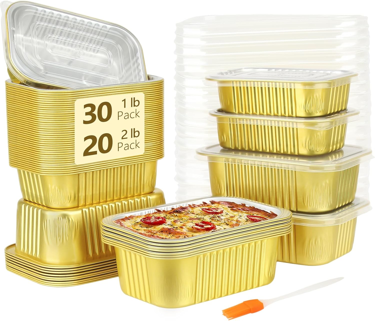 LNYZQUS Aluminum Pans with Lids 50 Pack,Heavy Duty Foil Baking Tins Leftover Containers with PP Covers (30 x 6”x4”+20 x 7”x5”),Disposable Takeout Pans Pots for Meal Prep Cooking Heating Storing