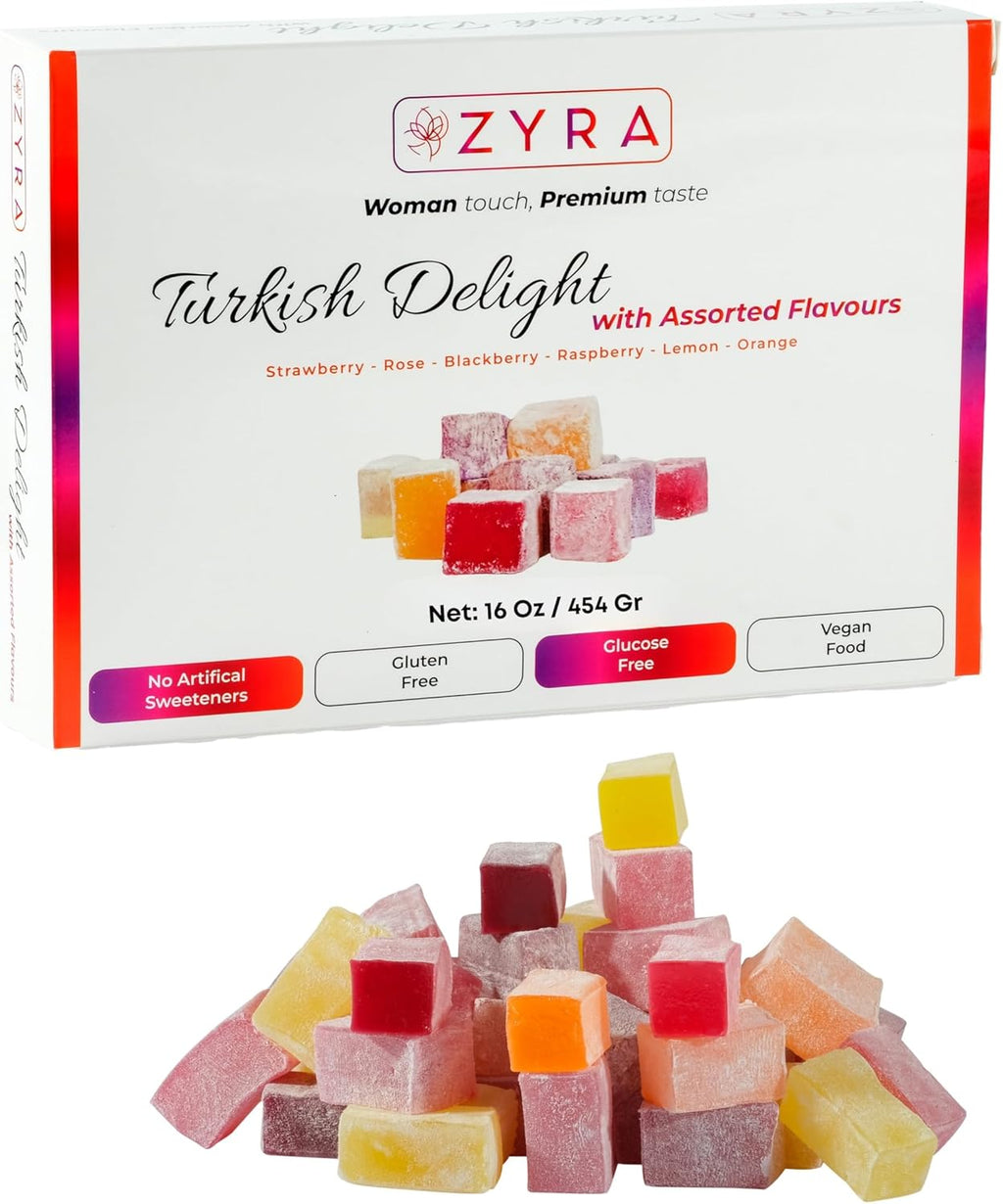 ZYRA Turkish Delight - Woman Owned Brand - Luxury with Assorted Fruit - Rose, Strawberry, Raspberry, Blackberry, Lemon, Orange - Authentic Premium Lokum Confectionery - Gifts for Everyone (16 OZ)