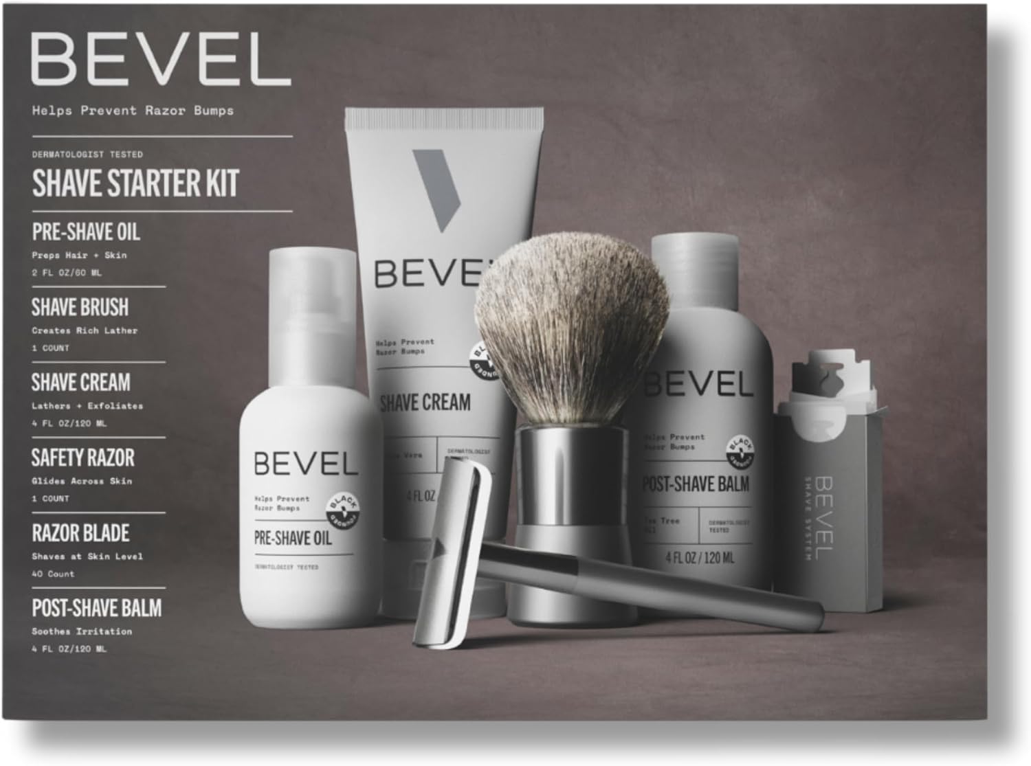 Bevel Shaving Kit for Men, Includes Safety Razor with 40 Replacement Blades, Luxury Shaving Brush, Pre Shave Oil, Shave Cream and Balm (Packaging May Vary)