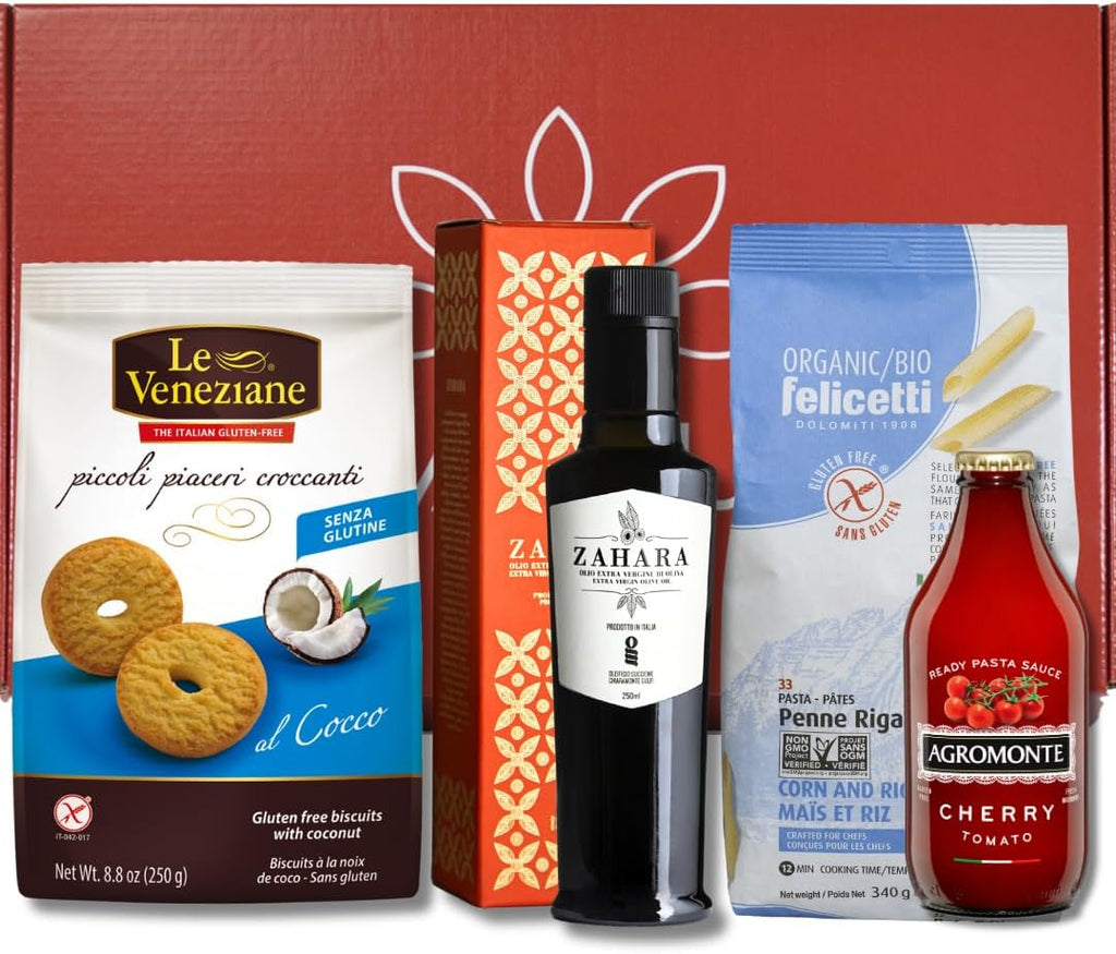 Brava Guilia Gluten Free Dinner Gift Box and Dessert Kit With Organic Pasta, Olive Oil, Tomato Sauce and Cookies all made in Italy