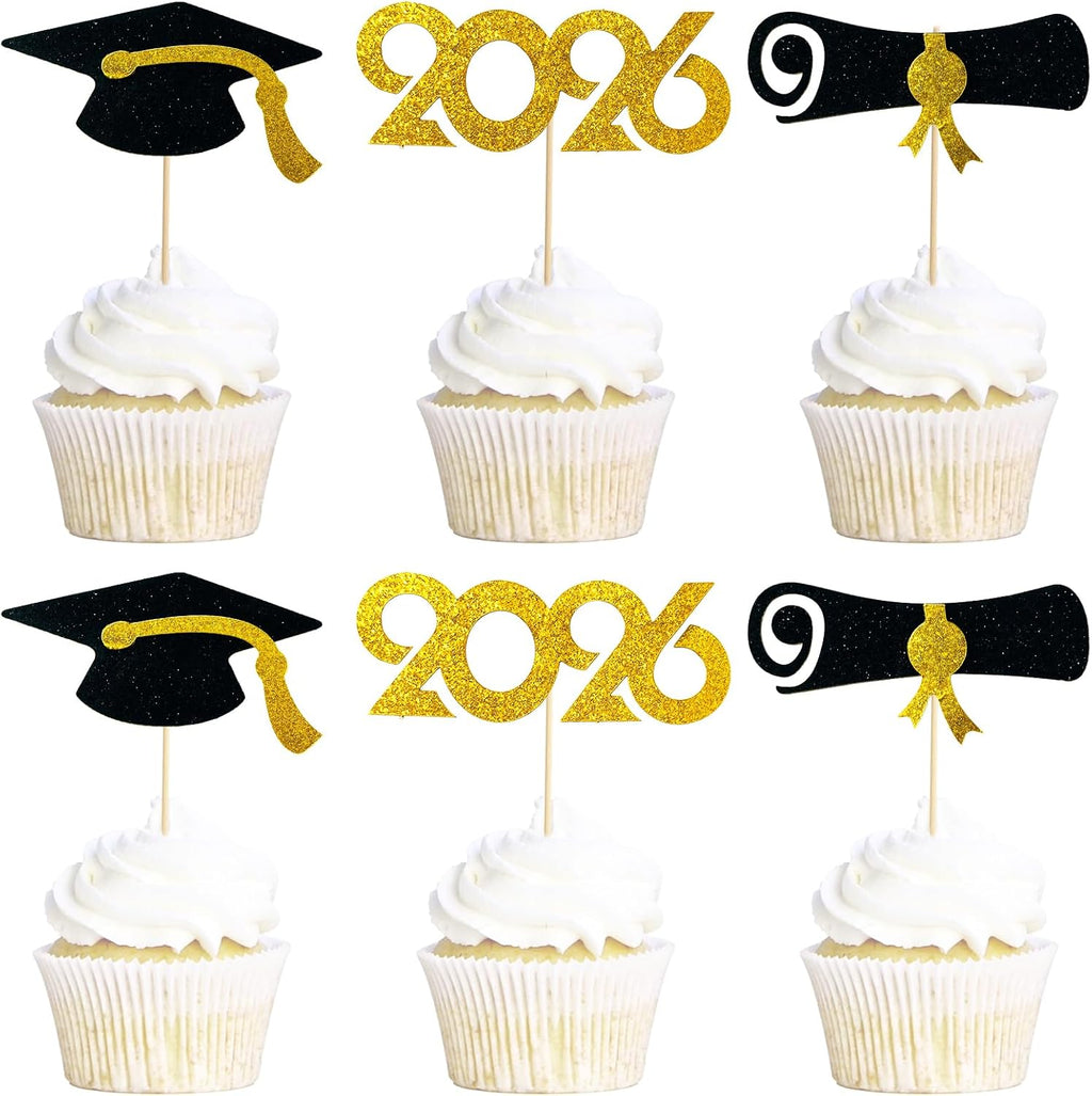 Graduation Cupcake Toppers 48 PCS – Pre-Assembled Class of 2026 Cupcake Picks, Black Gold Grad Cap Cake Decorations for Graduation Party Supplies