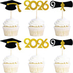 Graduation Cupcake Toppers 48 PCS – Pre-Assembled Class of 2026 Cupcake Picks, Black Gold Grad Cap Cake Decorations for Graduation Party Supplies
