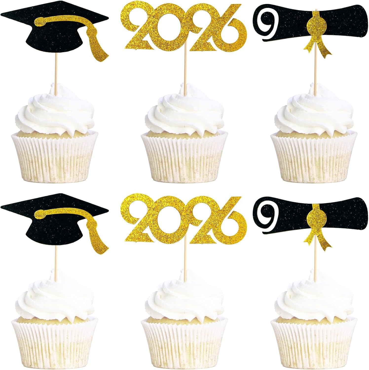 Graduation Cupcake Toppers 48 PCS – Pre-Assembled Class of 2026 Cupcake Picks, Black Gold Grad Cap Cake Decorations for Graduation Party Supplies