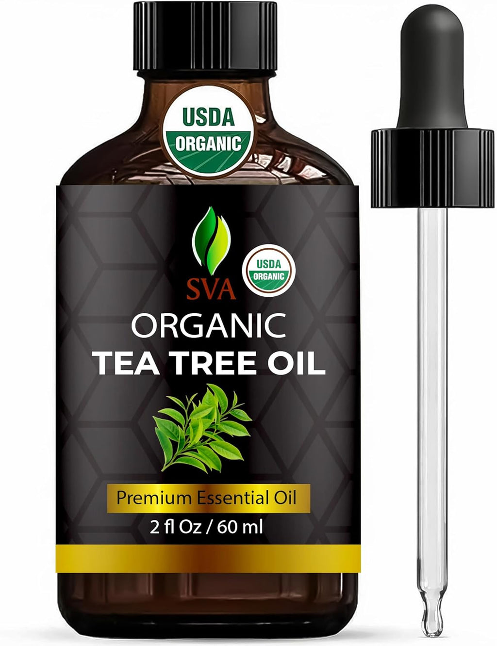 SVA Tea Tree Essential Oil Organic – 2 Fl Oz – 100% Natural Organic Tea Tree Oil - for Diffuser, Hair, Face, Skin Care, Aromatherapy, Scalp and Body Massage, Soap and Candle Making - with Dropper