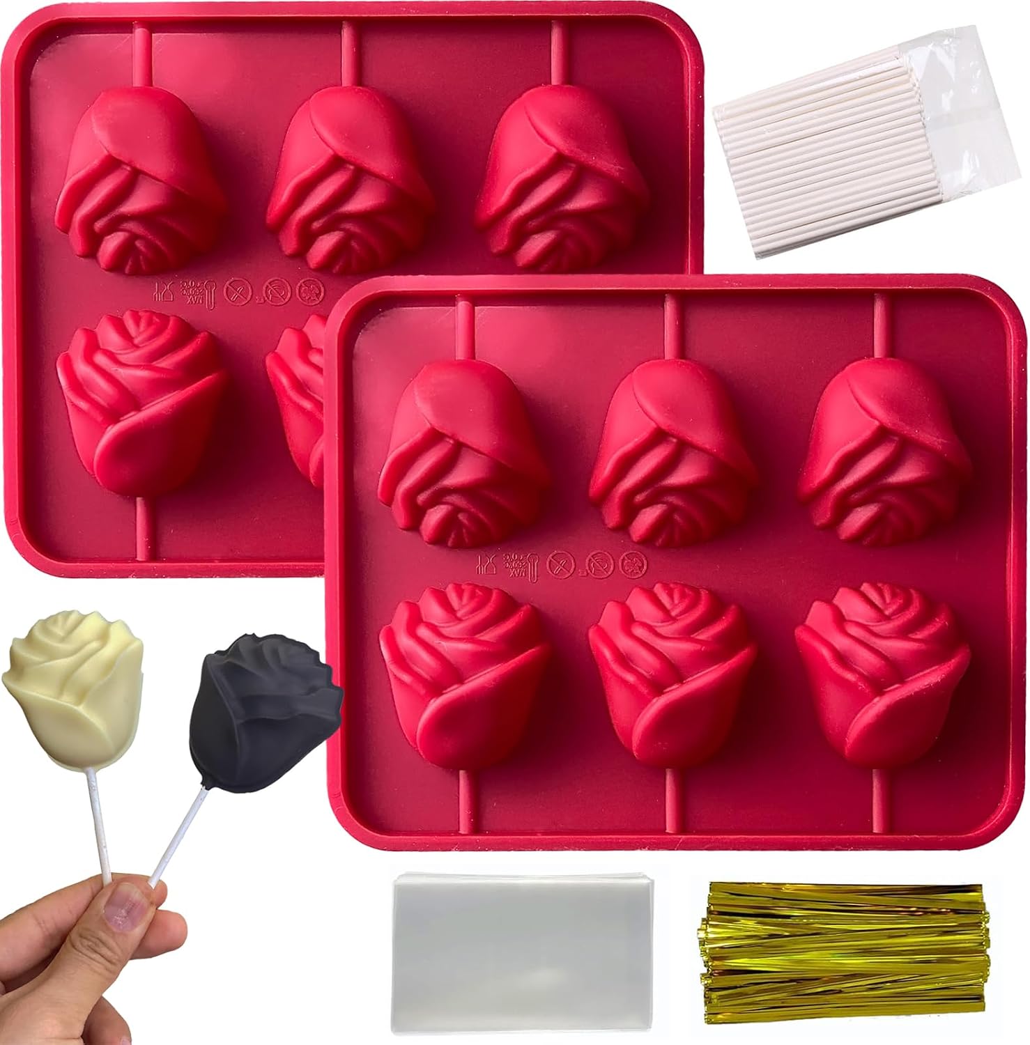 Rose Flower Lollipop Molds, 2 Pack Rose Silicone Chocolate Candy Molds with 100 Sticks 3D Flowers Cake Pops Mold Sucker Mold for Jelly Soap Hard Candy Mothers Day Cake Cupcake Decorations