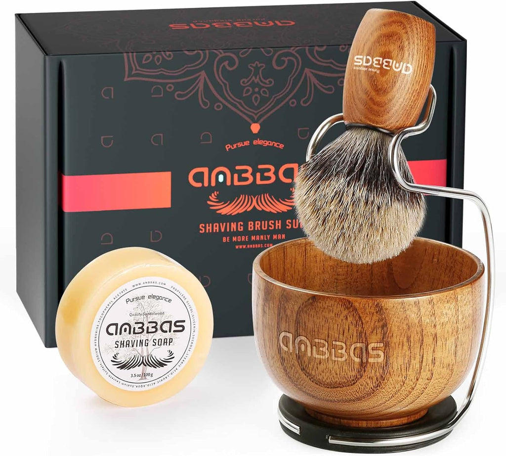 Anbbas Badger Hair Shaving Brush with Wood Handle,Large Soap Bowl,Stainless Steel Shaving Stand and 3.5 oz Natural Shaving Soap Puck Refill for Men