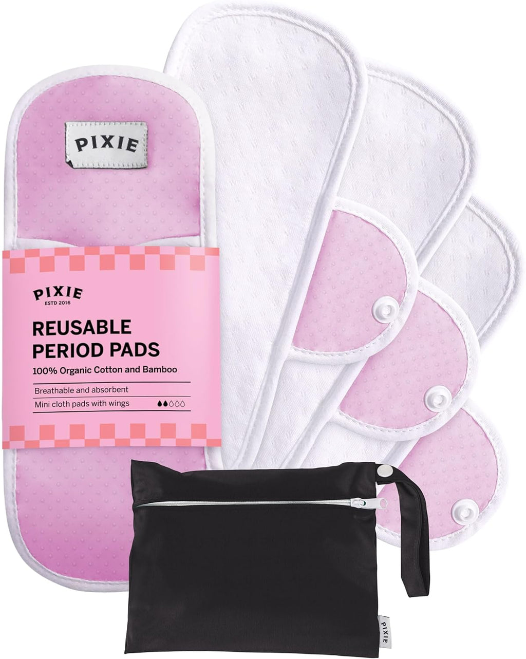 Pixie Cotton Cloth Pads for Feminine Care - 100% Organic Reusable Pads - Ranked 1 for Softest Menstrual Sanitary Napkins - Machine Washable & Includes Free Wet Bag - Menstrual Liner (Mini)
