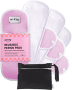 Pixie Organic Cotton Cloth Menstrual Pads - Reusable Mini Size 5 Pack - Certified Organic Cotton Top Layer - Snap Wings for Secure Fit - Machine Washable - Wet Bag Included