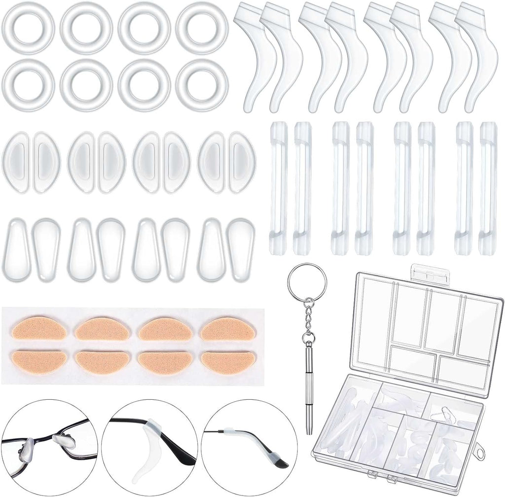 50 Pcs Eyeglasses Retainers Sets 12 Pairs Anti Slip Adhesive Glasses Nose Pads 4 Round Ear Grips 4 Silicone Ear Hooks Holders 4 Glasses Temple Tips Sleeve for Repair(Transparent)
