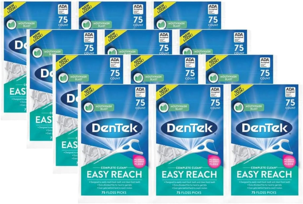 DenTek Complete Clean Easy Reach Floss Picks, No Break & No Shred Floss, 75 Count (Pack of 12)