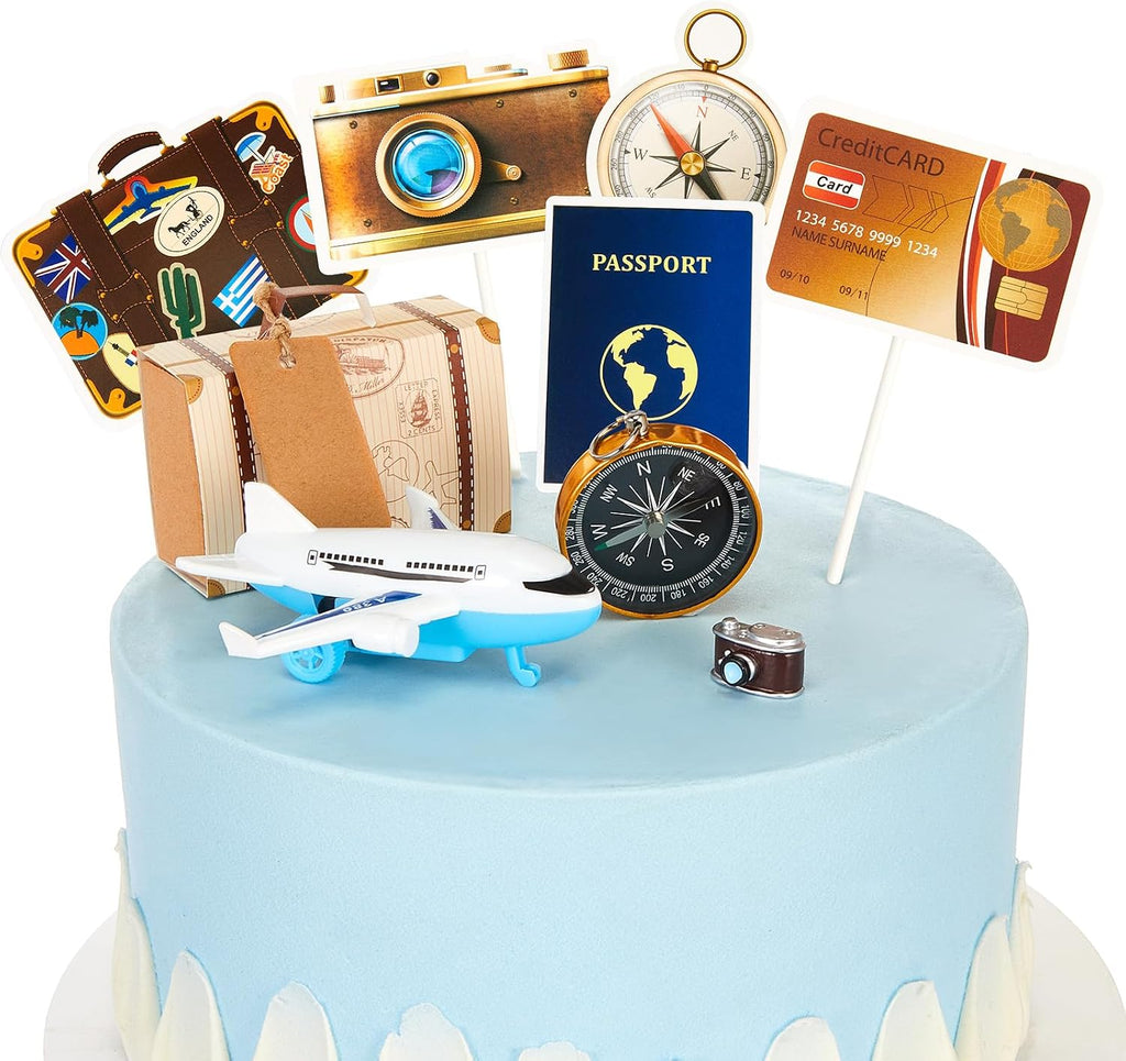 24 Pcs Travel Cake Topper Decorations Let The Travel Around The World Theme Cupcake Toppers Mini Suitcase Airplane Cameras Miniature Compass for Journey Birthday Decorations