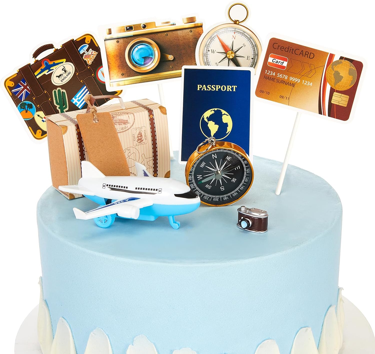 24 Pcs Travel Cake Topper Decorations Let The Travel Around The World Theme Cupcake Toppers Mini Suitcase Airplane Cameras Miniature Compass for Journey Birthday Decorations