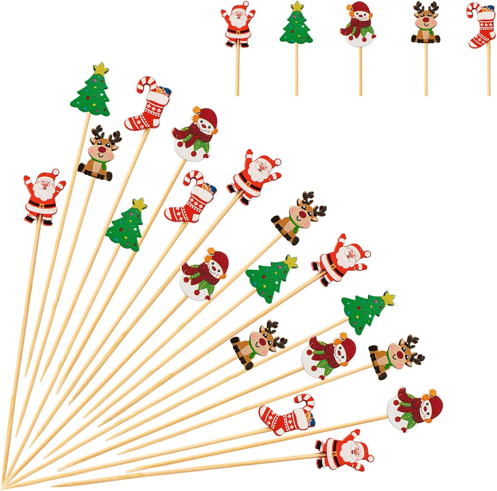 Jiesky 125pcs 5in Christmas Cocktail Picks Christmas Tree Snowman Santa Claus Reindeer Christmas Stocking Bamboo Cocktail Toothpicks Fruit Food Appetizer for Christmas Party Decorations