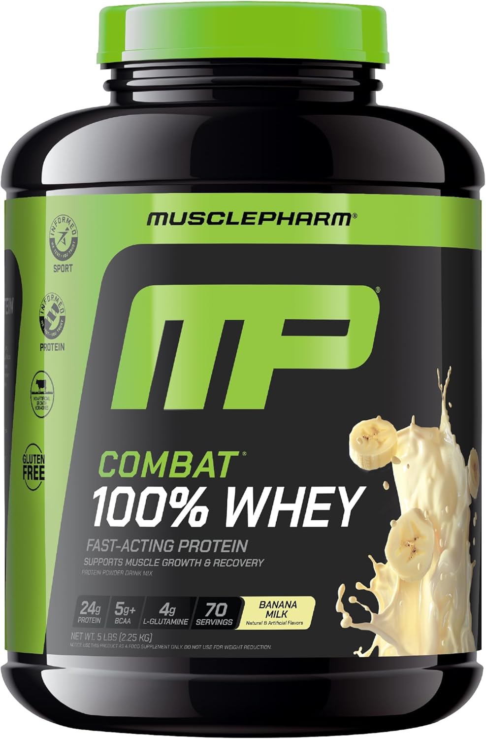 MusclePharm Combat 100% Whey Protein Powder, Banana Milk Flavor, Fast Recovery & Muscle Gain with Whey Protein Isolate, High Protein Powder for Women & Men, Gluten Free, 5 lb, 70 Servings
