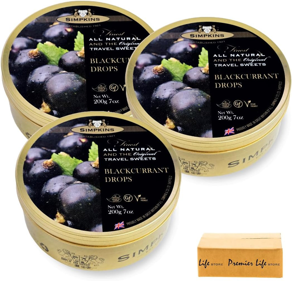 Simpkins All Natural Blackcurrant Drops Sweets, Traditional Travel Sweets, 200g, 3 Pack, Vegan, Gluten-Free, In Premier Life Store Box