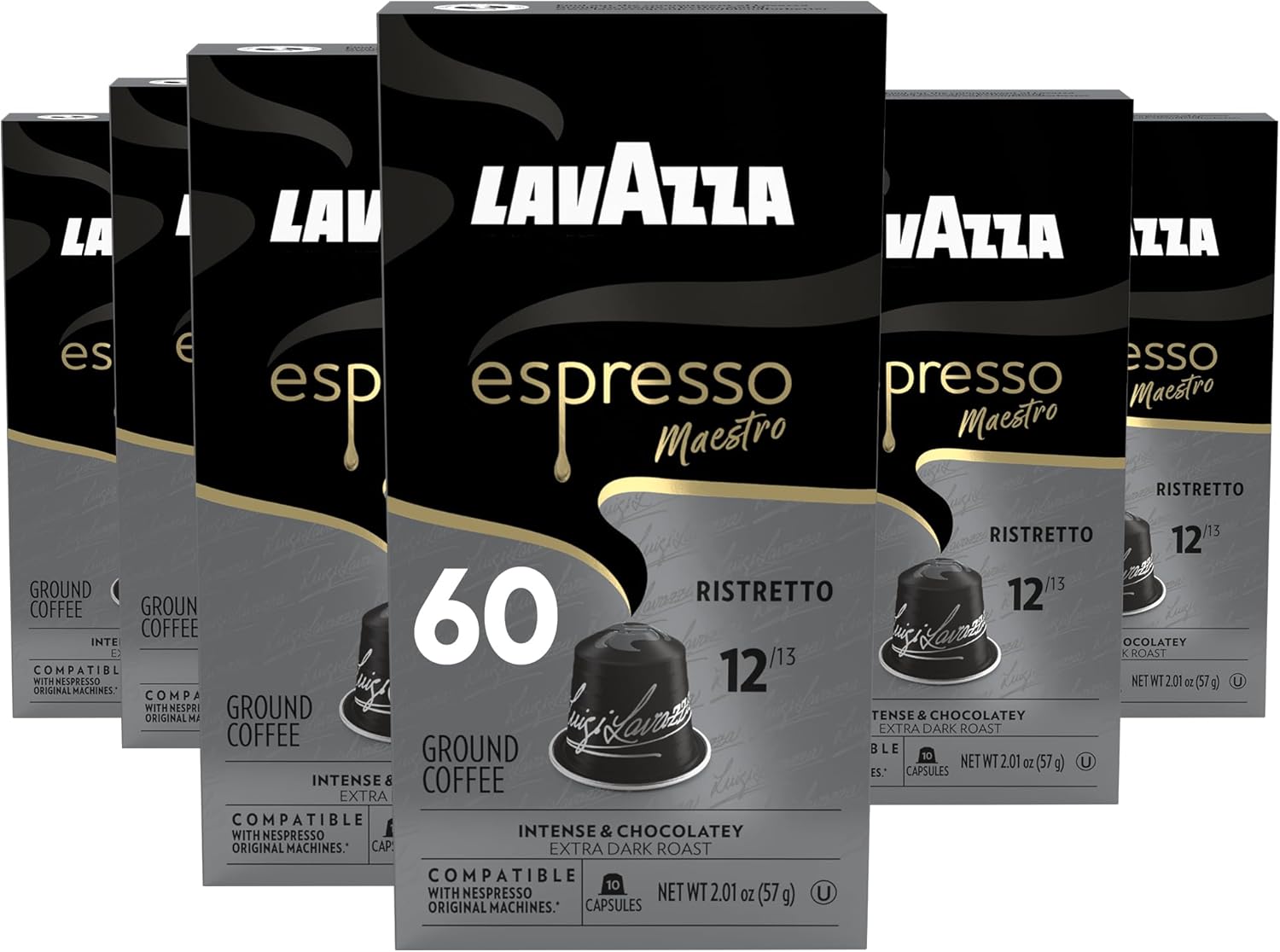 Lavazza Espresso Maestro Ristretto Aluminum Capsules Compatible with Nespresso* Original Machines, Dark Espresso Roast, Arabica and Robusta Blend (60 Capsules)