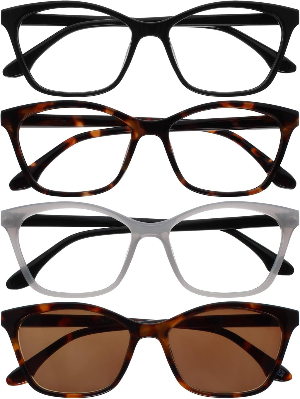 OPULIZE KAT Readers & Reading Sunglasses for Women Men, Cat-Eye Frame with Spring Hinges and Tinted UV400 Protection Lens, Black Brown Grey Brown +1.00 (Pack of 4)