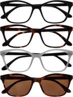 OPULIZE KAT Readers & Reading Sunglasses for Women Men, Cat-Eye Frame with Spring Hinges and Tinted UV400 Protection Lens, Black Brown Grey Brown +1.00 (Pack of 4)