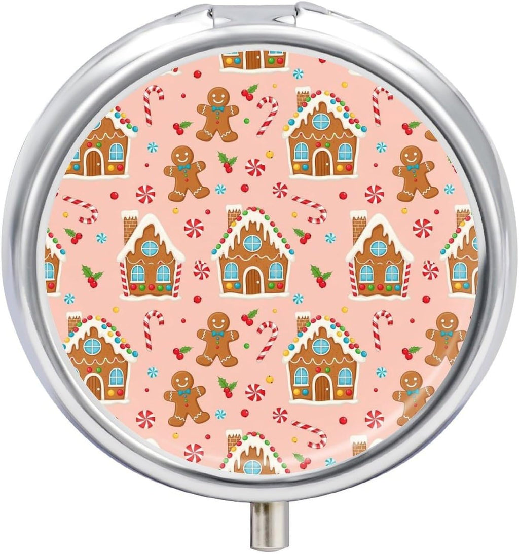 Compact Pill Box, Pink Christmas Gingerbread House Round Waterproof Case, Travel Organizer for Supplements, Purse Pocket Container for Daily Office Use