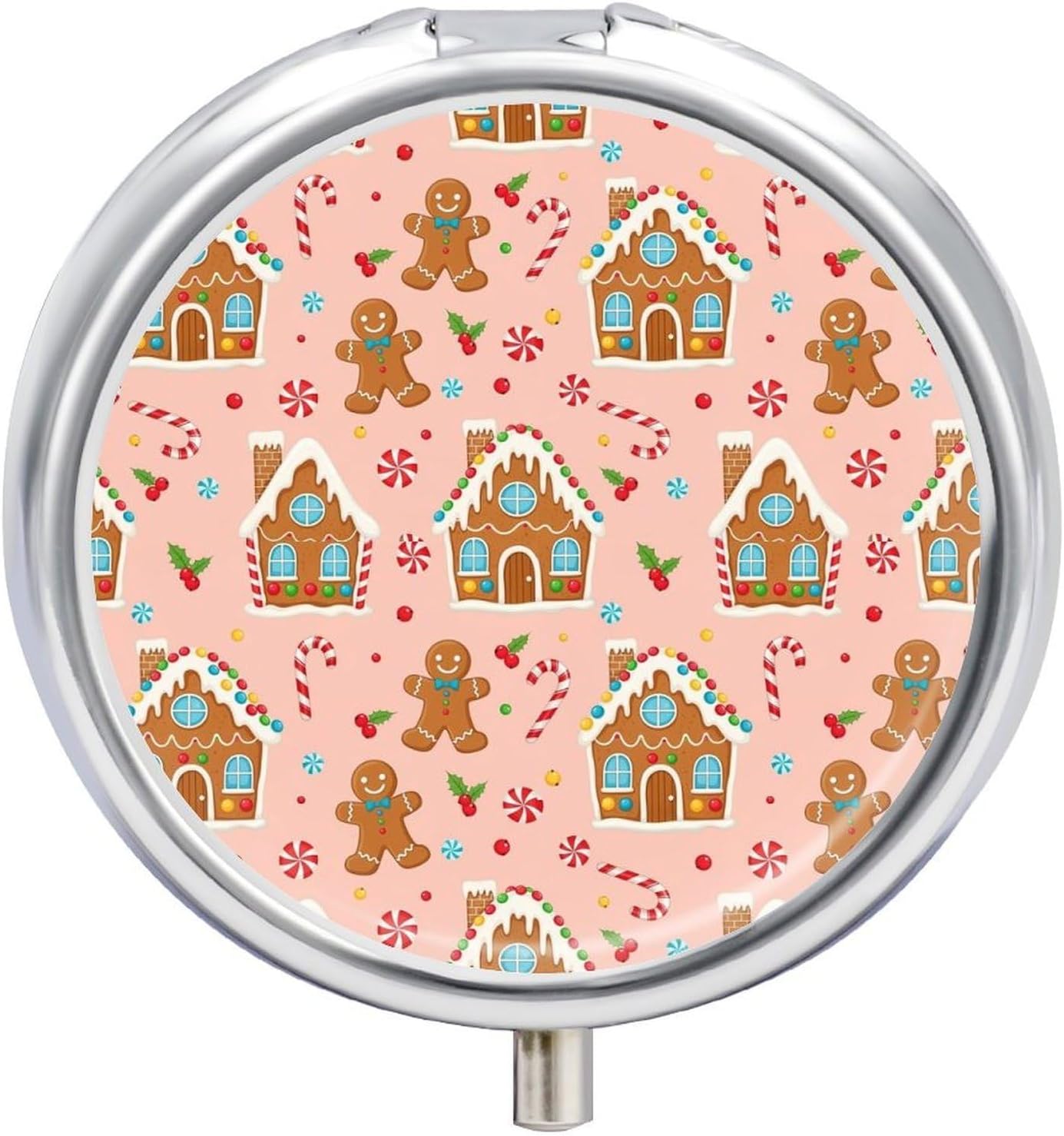 Compact Pill Box, Pink Christmas Gingerbread House Round Waterproof Case, Travel Organizer for Supplements, Purse Pocket Container for Daily Office Use
