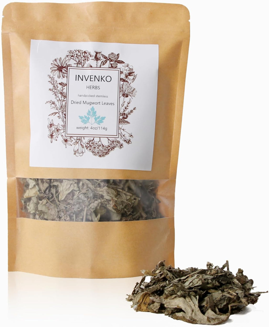 INVENKO Dried Mugwort Leaves herb Pure Hand Picked Bulk Nil Stem, Stalk, Natural Fresh Scent Artemisia vulgaris Addictives Free - 4 ounce