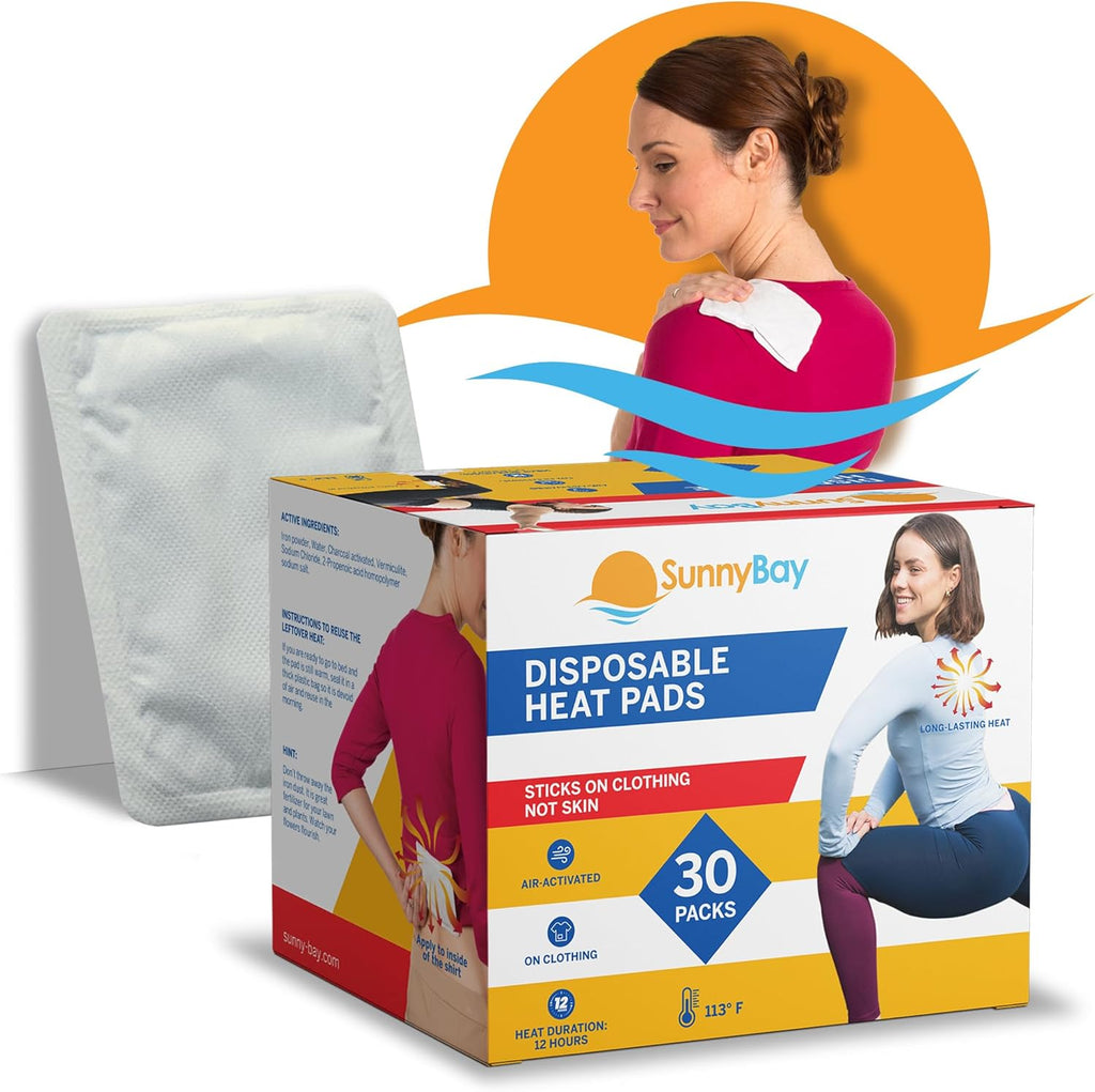 SunnyBay Adhesive Heat Patches for Neck, Knee, and Upper or Lower Back, Air-Activated Heat Pads for Menstrual Cramps, Stiffness, Sprains, and More, Stick to Clothing, 5x3 inches, 30 Count