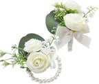 Floroom Ivory Ranunculus Peony Wrist Corsage Wristlet Band Bracelet and Men Boutonniere Set for White Wedding Flower Accessories Prom Suit Decorations