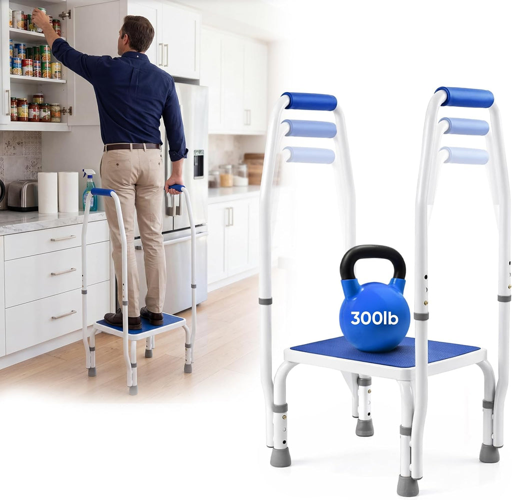 Platinum Health AdjustaStep(tm) DoubleSafe Deluxe Step Stool/Footstool with Dual Handle/Handrail, Height Adjustable. Modern White/Blue Design. Padded Non-Slip Hand Grips